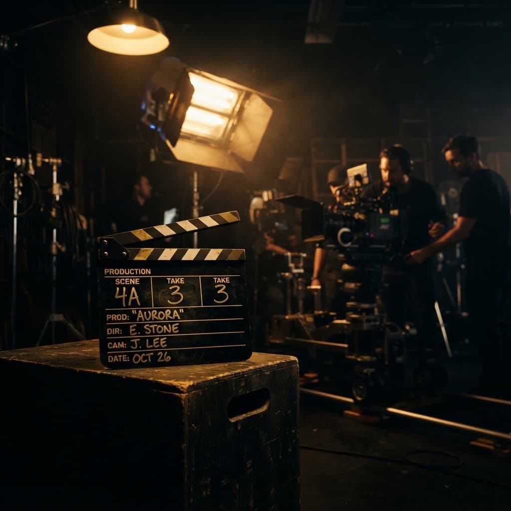 Film production lights and clapperboard on a dark set